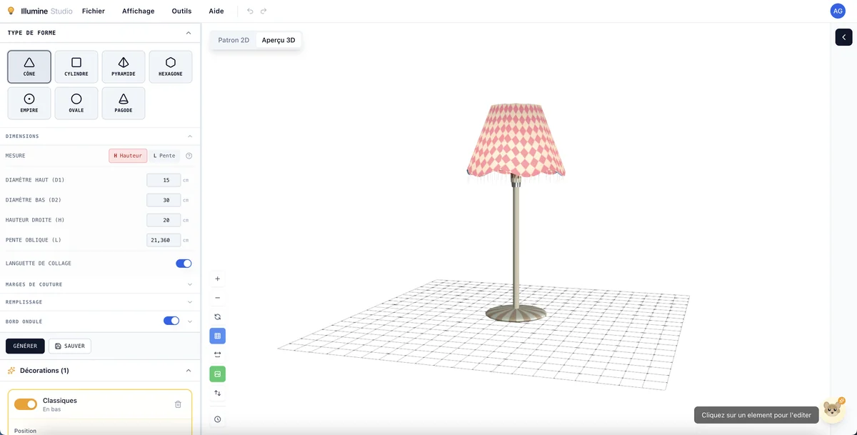 Rendu 3D photoréaliste d'un abat-jour conique avec simulation de lumière réaliste